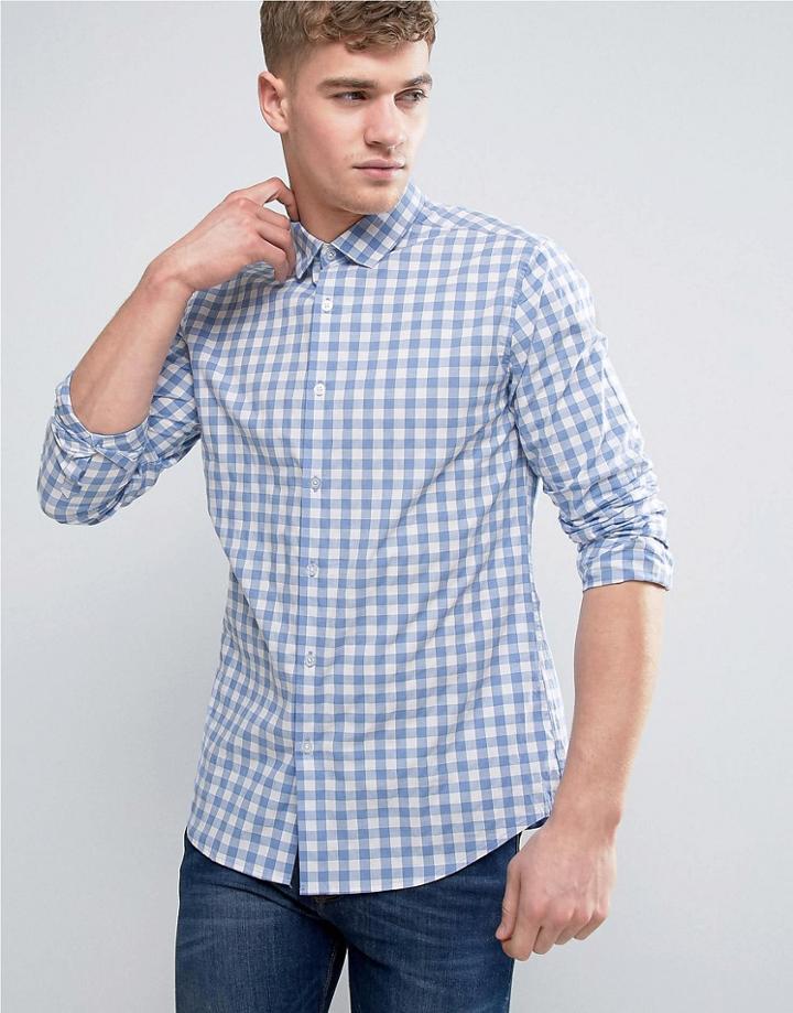 Asos Slim Gingham Check Shirt - Blue