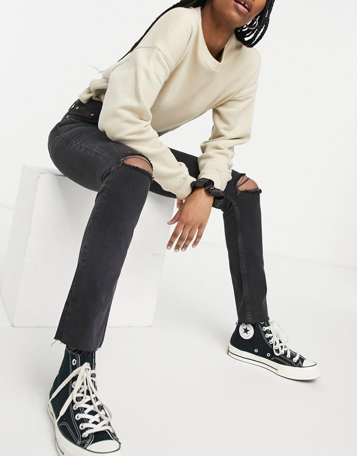 Asos Design Mid Rise Vintage 'skinny' Jeans In Washed Black With Rips