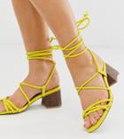 Asos Design Wide Fit Topaz Strappy Tie Leg Sandals In Neon Yellow - Yellow