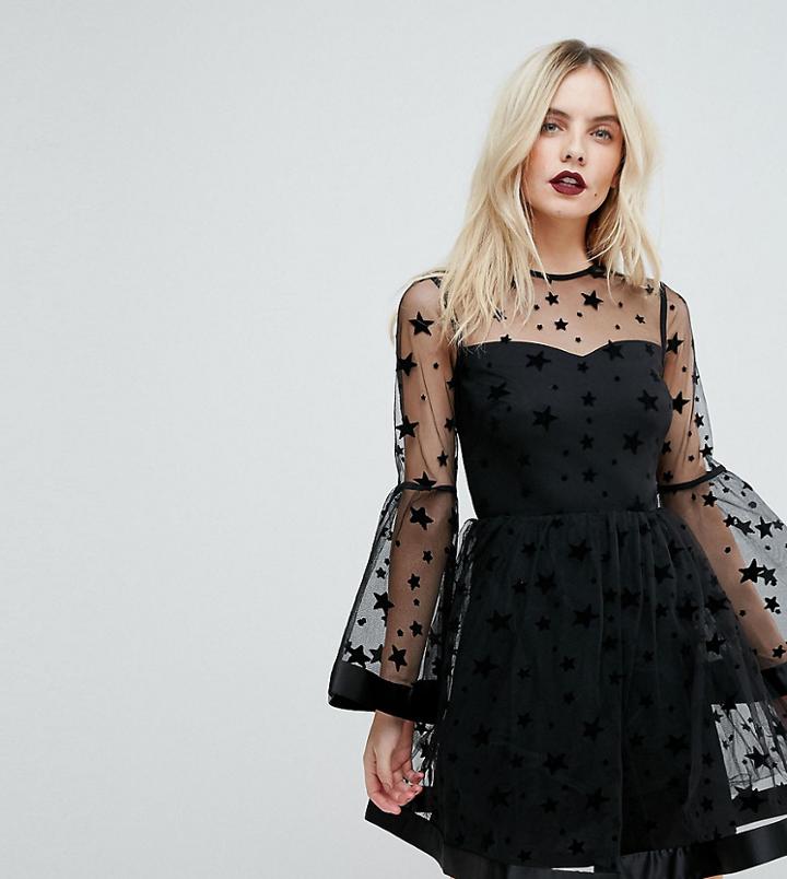 Asos Petite Star Mesh Fluted Sleeve Mini Skater Dress - Black