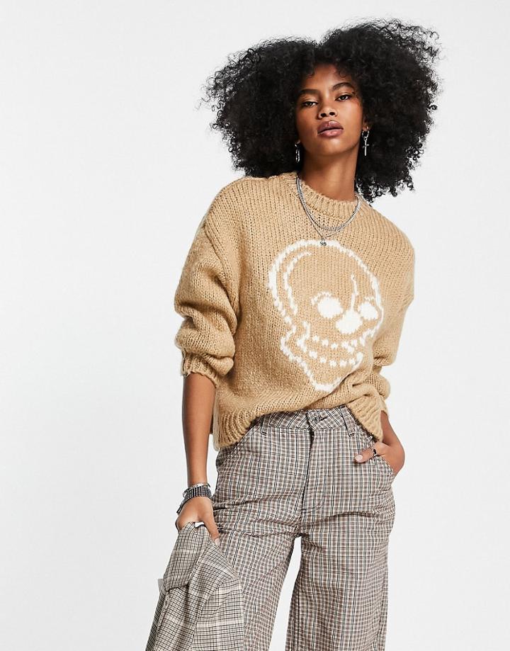 Bershka Oversized Skull Sweater In Beige-neutral