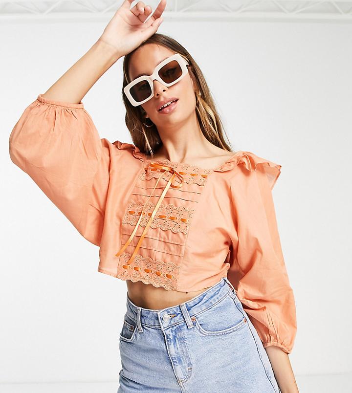 Asos Design Tall Square Neck Top With Frill Detail & Ribbon Insert In Light Rust-multi