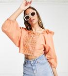 Asos Design Tall Square Neck Top With Frill Detail & Ribbon Insert In Light Rust-multi