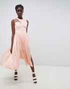 Three Floor Asymmetric Shoulder Pleated Midi Dress-pink