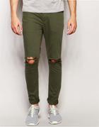 Asos Super Skinny Jeans With Knee Rips In Green - Thyme