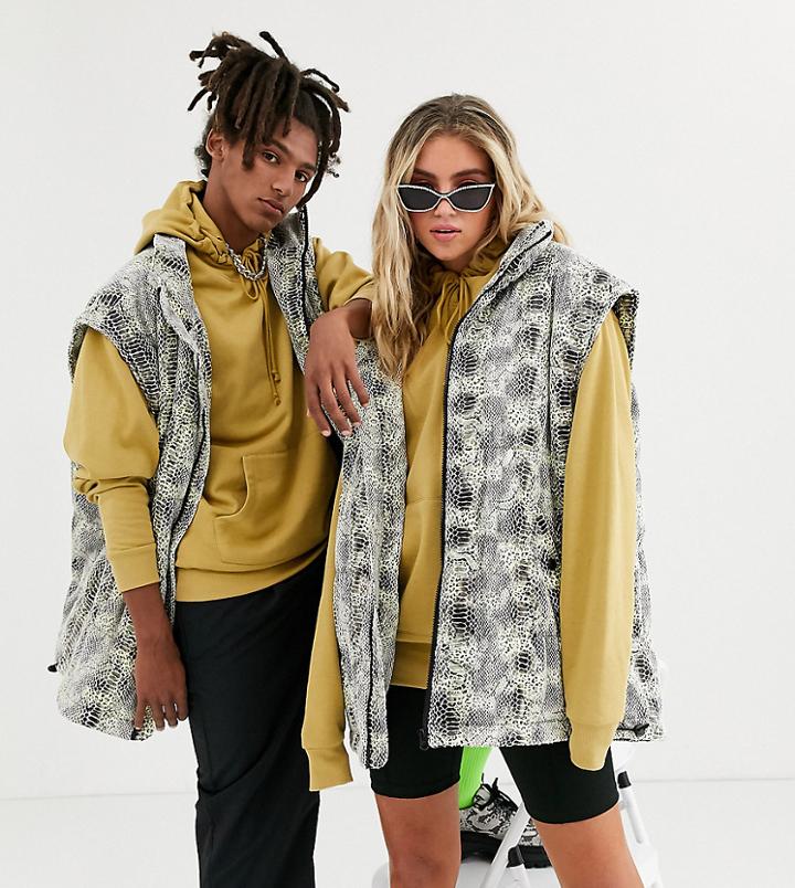 Collusion Unisex Oversized Longline Snake Print Puffer Vest-multi