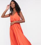 Asos Design Tall Cami Plunge Blouson Midi Dress In Bright Orange