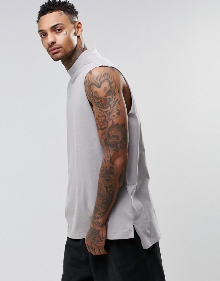Asos Oversized Sleeveless T-shirt With Turtle Neck And Longline Stem Hem - Gray