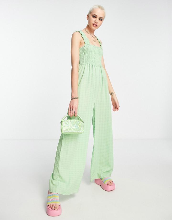 Daisy Street Wide Leg Relaxed Jumpsuit With Shirring Bust In Apple Green