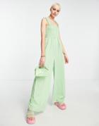 Daisy Street Wide Leg Relaxed Jumpsuit With Shirring Bust In Apple Green