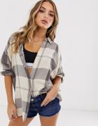 Asos Design Long Sleeve Boyfriend Shirt In Cream And Gray Check - Multi