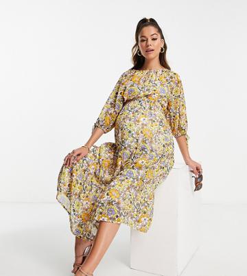 Violet Romance Maternity Puff Sleeve Tiered Midi Dress In 70s Floral Print-multi