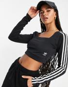 Adidas Originals Adicolor Three Stripe Long Sleeve Top In Black With Square Neck