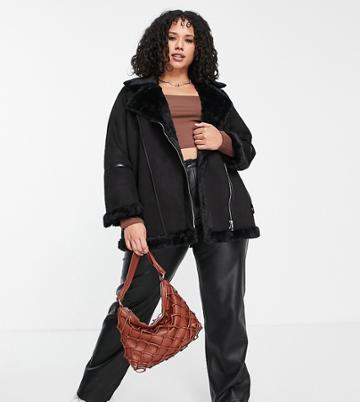 Fashion Union Plus Shearling Biker Jacket-black