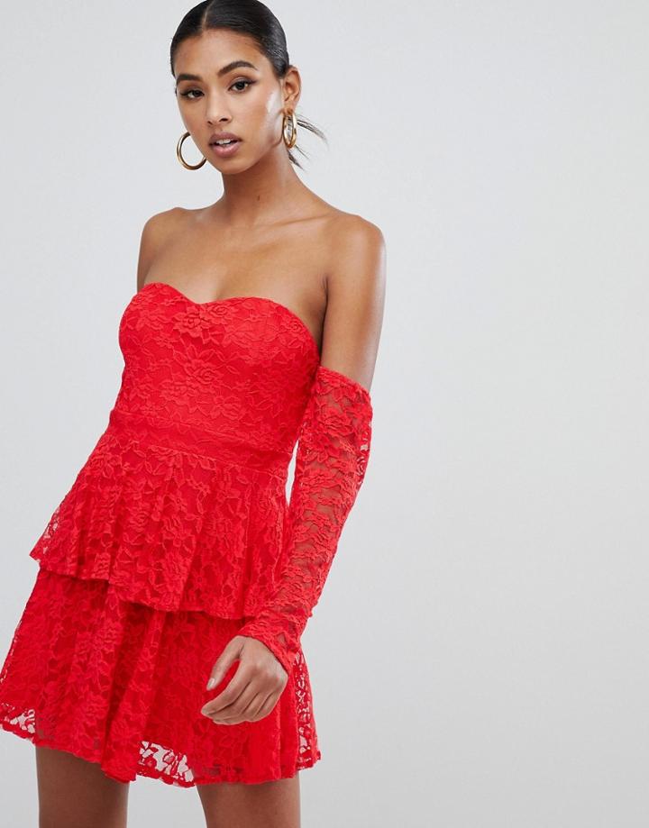 In The Style Lace Frill Skirt Bardot Dress - Red