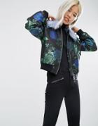 Asos Bomber Jacket In Floral Jacquard With Fur Collar - Multi