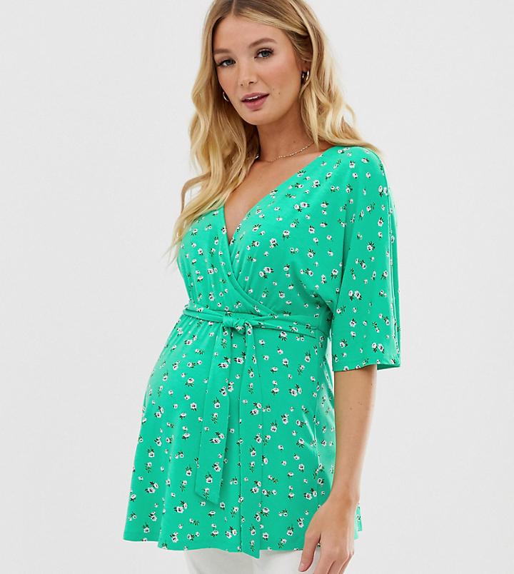 Asos Design Maternity Nursing Floral Wrap Top With Tie Detail-multi