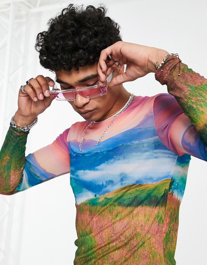 Asos Design Muscle Long Sleeve T-shirt In Scenic Print Mesh In Recycled Polyester-multi