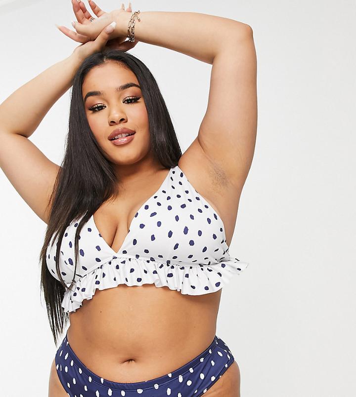 Asos Design Curve Recycled Mix & Match Ruffle Crop Bikini Top In Navy Polka Dot-multi