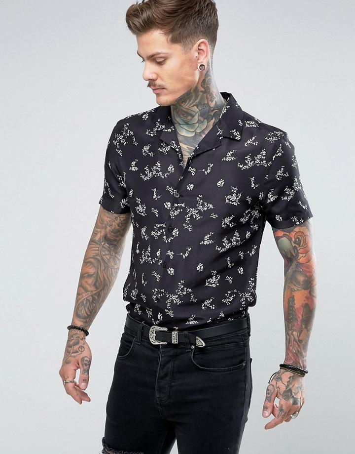 Asos Regular Fit Silk Shirt With Floral Print - Black