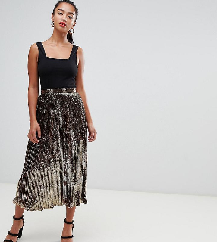 Asos Design Petite Pleated Sequin Midi Skirt-blue