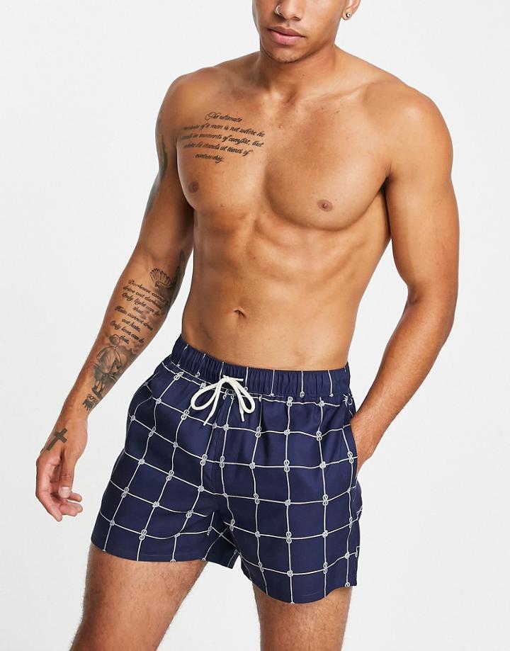 Asos Design Swim Shorts With Rope Print In Navy Short Length