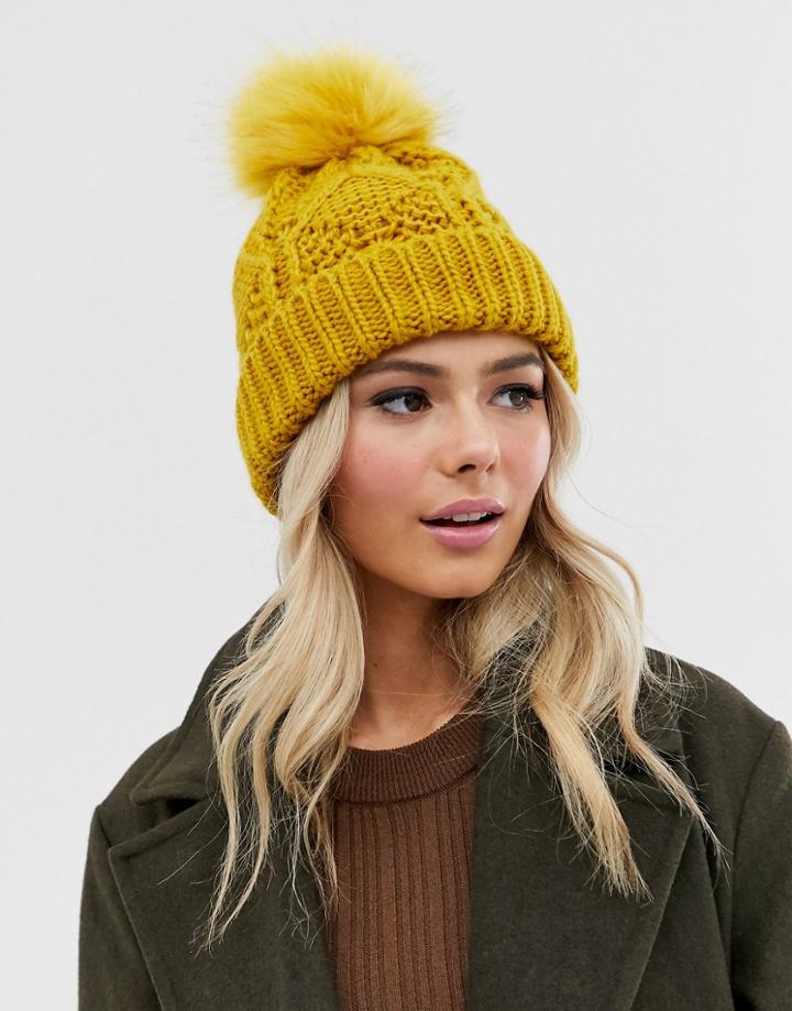 Pieces Chunky Cable Knitted Beanie Hat In Mustard