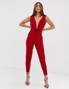 Asos Design Deep Plunge Jumpsuit With Buckle Belt And Peg Leg - Red