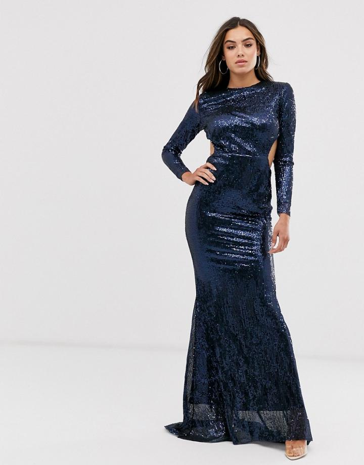 Club L London Open Back Plisse Sequin Fishtail Maxi Dress