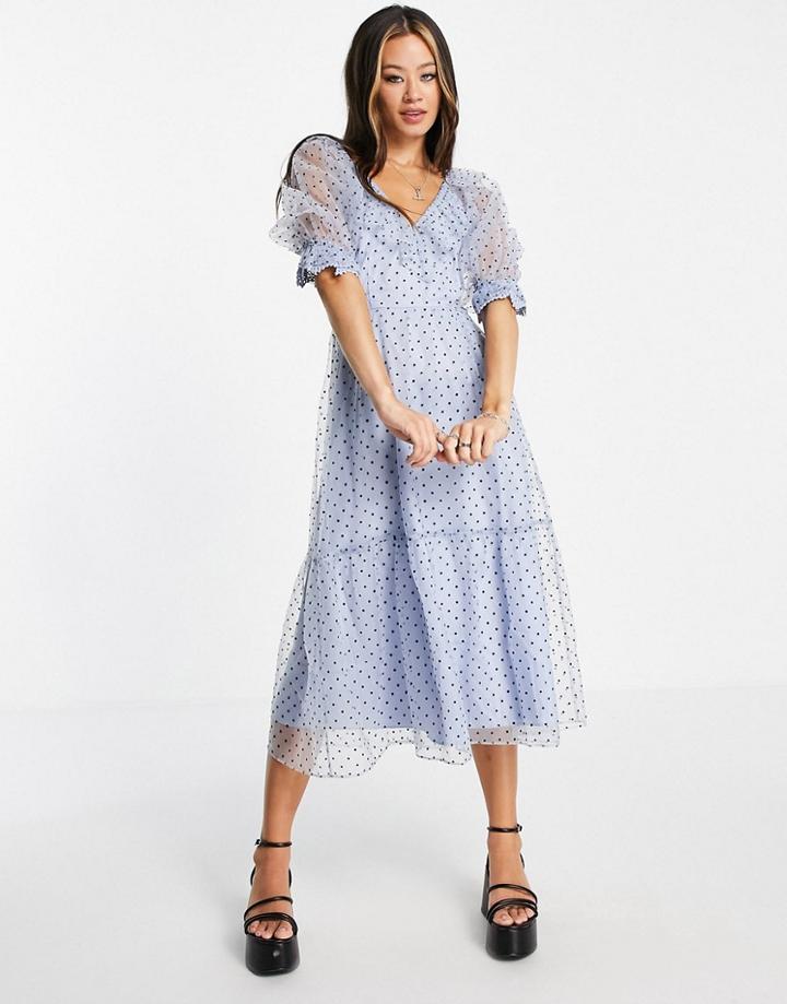 Topshop Spot Taffeta Occasion Dress In Blue-blues