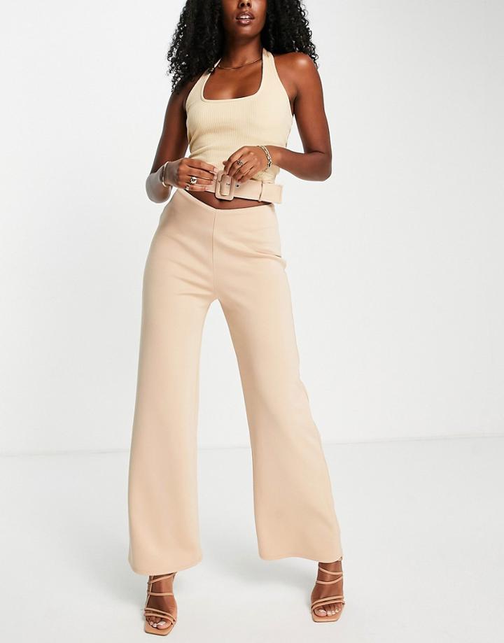 Asos Design Wide Leg Pants With Belted Cut Out Waist In Stone-neutral