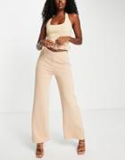 Asos Design Wide Leg Pants With Belted Cut Out Waist In Stone-neutral