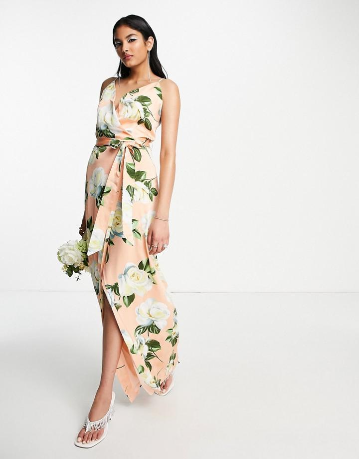 Liquorish Bridesmaid Satin Wrap Maxi Dress With Belt In Peach Rose Print-pink