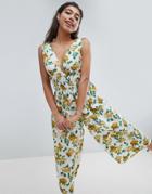Asos Design Ruched Waist Plunge Jumpsuit In Floral Print - Multi