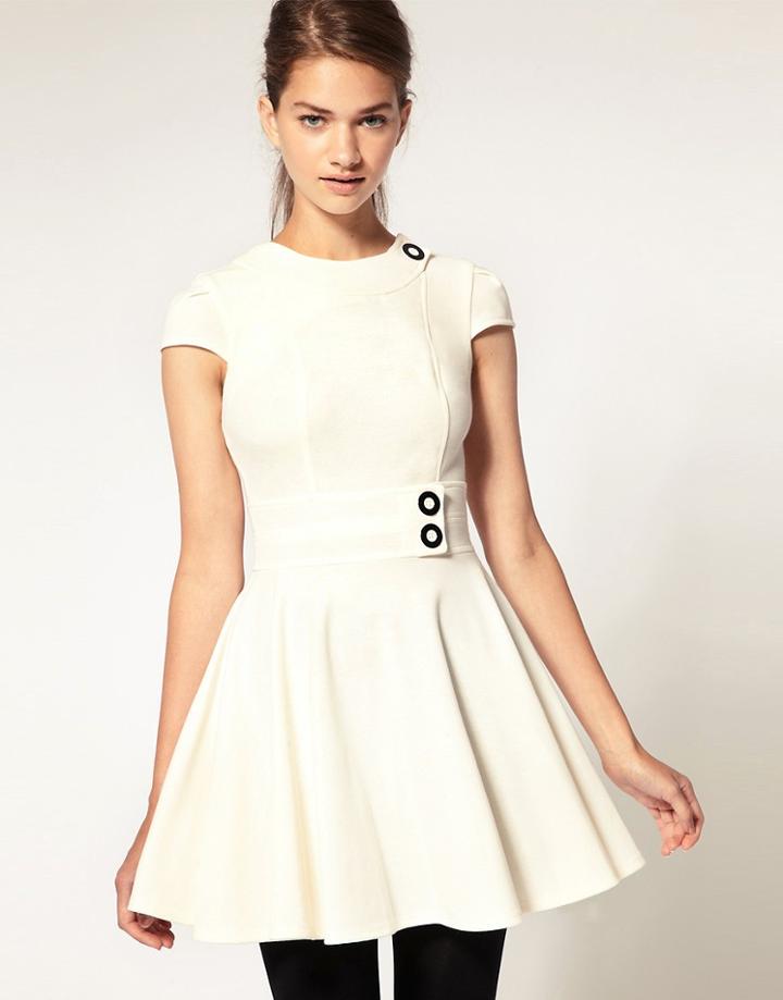Asos Fit And Flare Dress With Contrast Button Detail - Cream