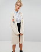 Willow And Paige Relaxed Cardigan With Floral Embroidery In Rib - Beige