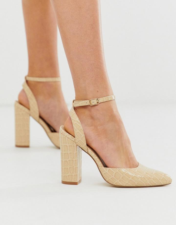 Truffle Collection Pointed Block Heel In Beige Croc