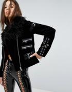 Tripp Nyc Faux Fur Collar Jacket With Buckle Detail - Black