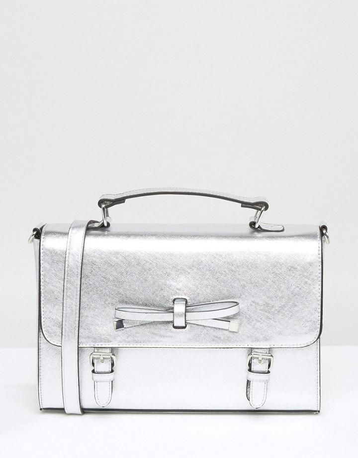 Asos Metallic Satchel Bag With Bow Detail - Silver