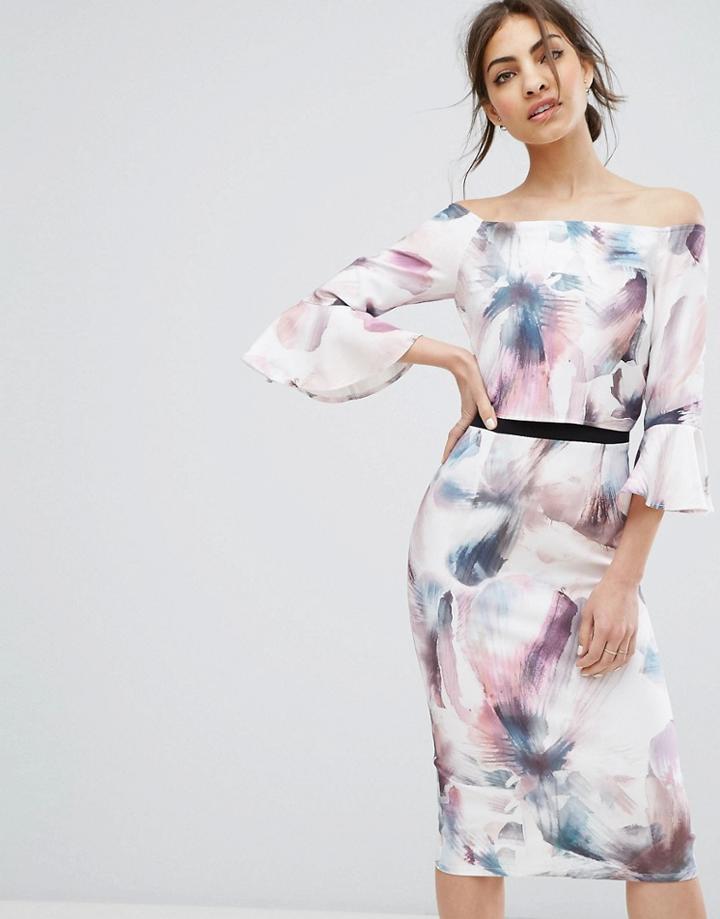 Little Mistress Bardot Midi Pencil Dress With Fluted Sleeve And Print - Multi