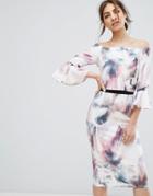 Little Mistress Bardot Midi Pencil Dress With Fluted Sleeve And Print - Multi