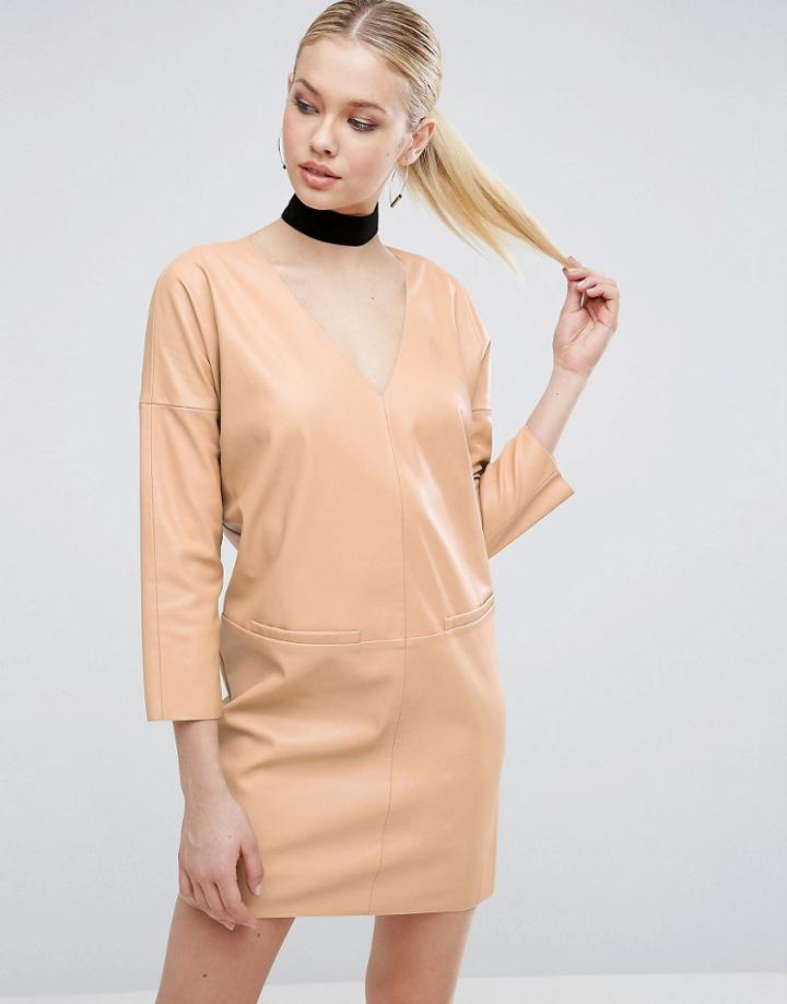 Asos Leather Look Shift Dress - Beige
