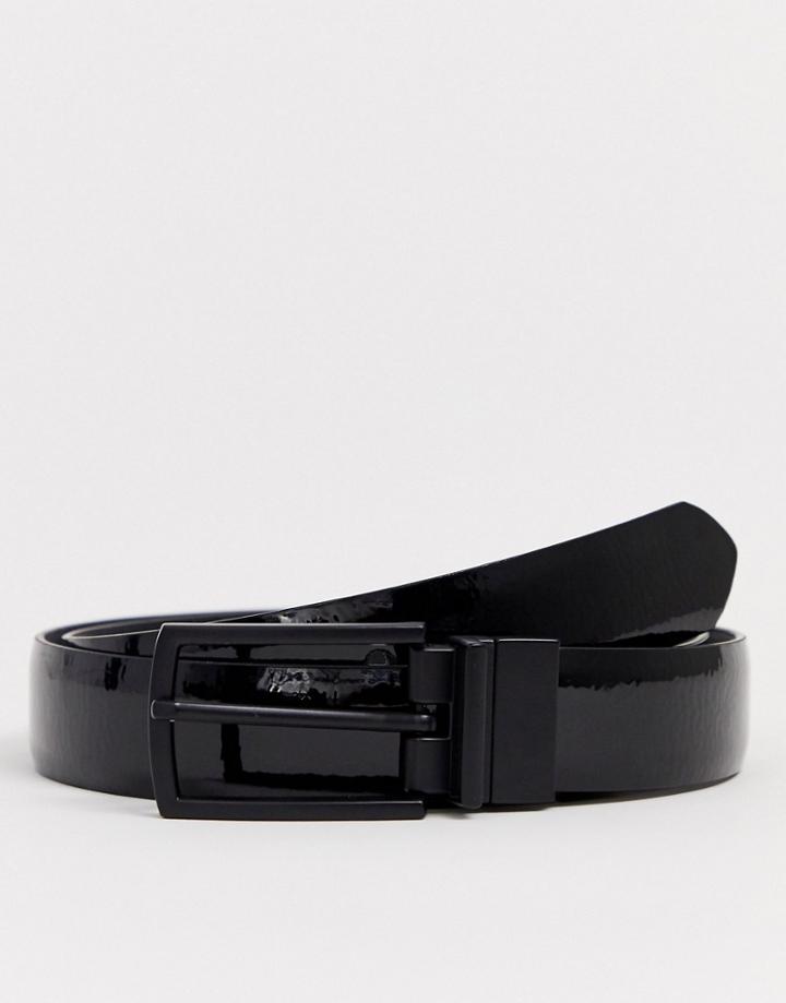 Asos Design Leather Slim Reversible Belt In Black Patent Emboss And Plain