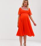 Asos Design Maternity Midi Dress With Flutter Cape And Pretty Pearl Embellishment - Pink