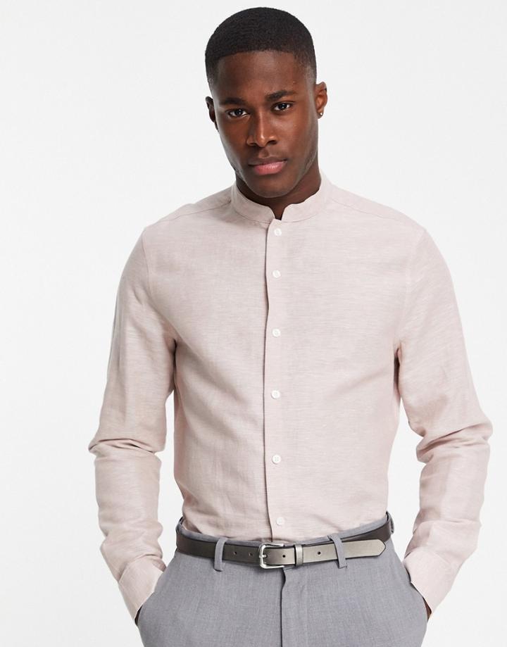Asos Design Regular Smart Linen Shirt With Mandarin Collar In Pink