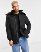 Tommy Jeans Technical Quilted Parka In Black With Faux Fur Trim