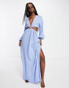 Asos Design Cut-out Lattice Waist Maxi Beach Dress In Blue-blues