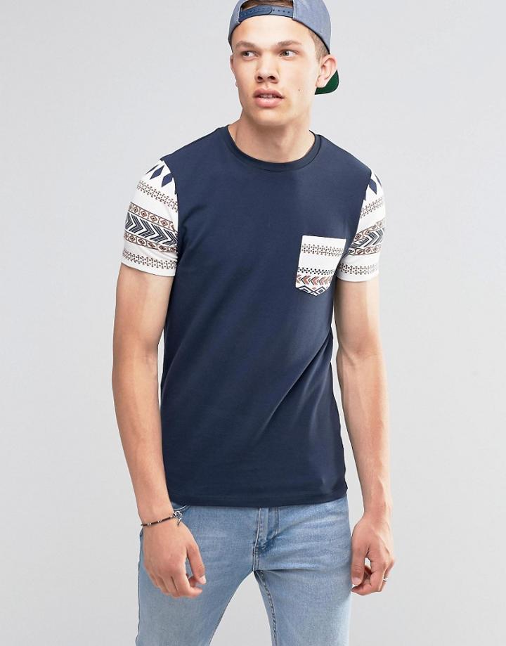 Asos Muscle T-shirt With Geo-tribal Pocket And Sleeves In Navy - Navy
