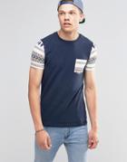 Asos Muscle T-shirt With Geo-tribal Pocket And Sleeves In Navy - Navy