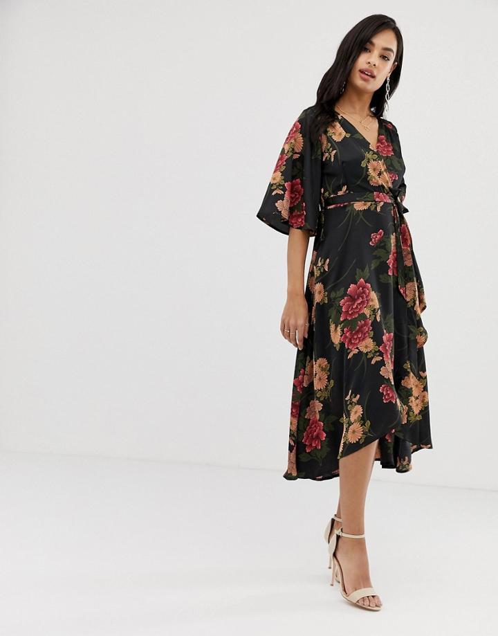 Liquorish Floral Wrap Front Midi Dress With Tie Belt And Waterfall Hem-multi
